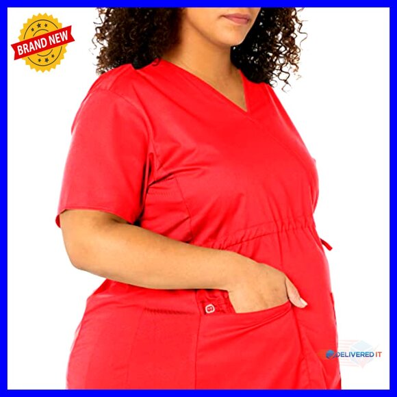 Maternity Mock Wrap Scrub Top with Pockets, 65% Polyester 35% Cotton - Picture 3 of 6